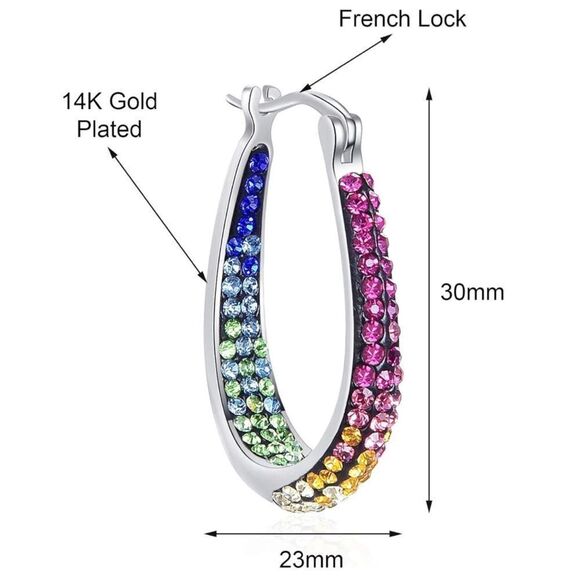 14K White Gold with Multicolored Crystal U Shape French Lock Hoop Drop Earrings - Picture 4 of 5